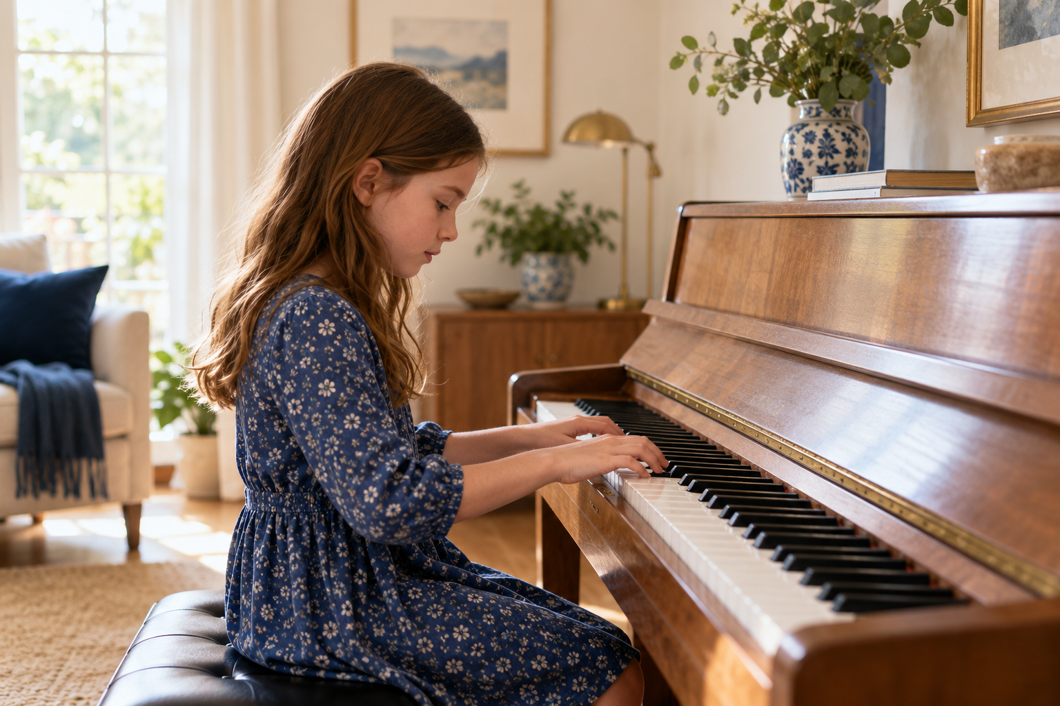 Illustrative prototype image of a child concentrating on playing an upright piano in a warm home